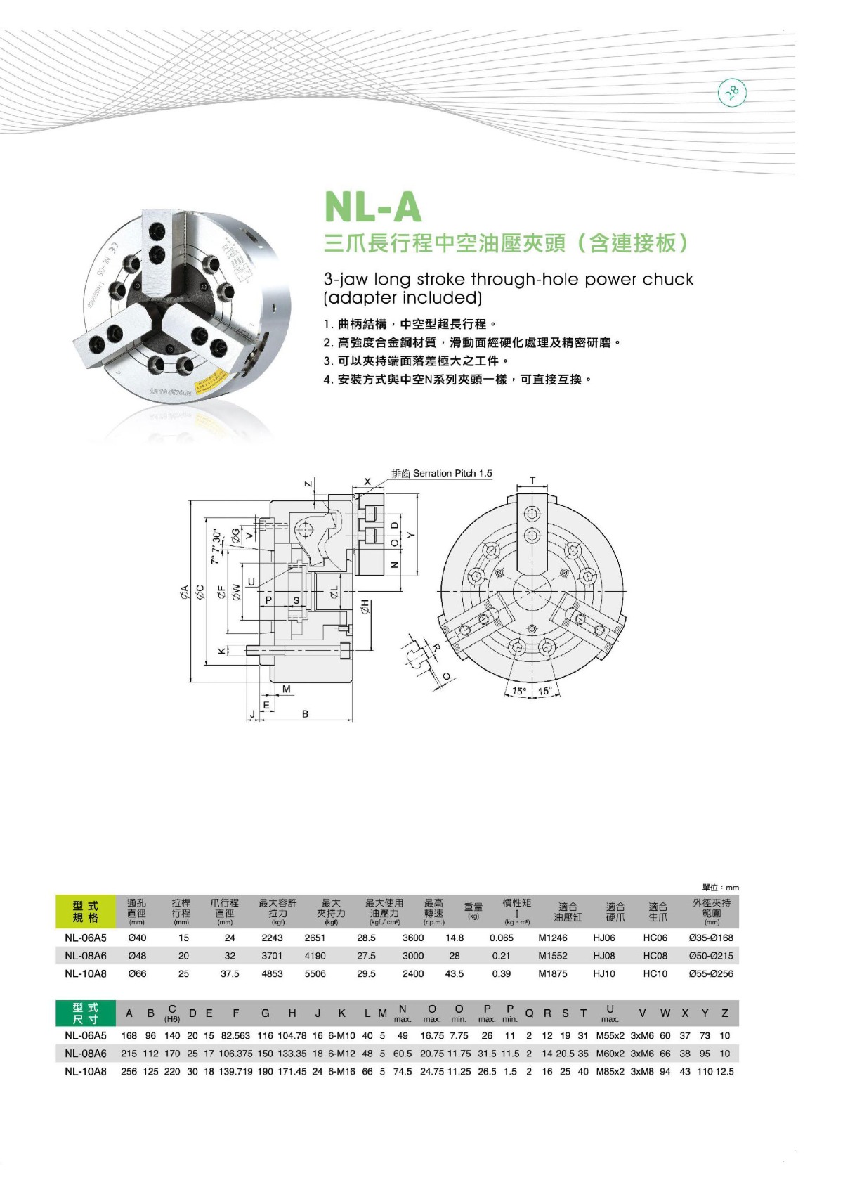 亿川三爪长行程中空液压卡盘参数表
